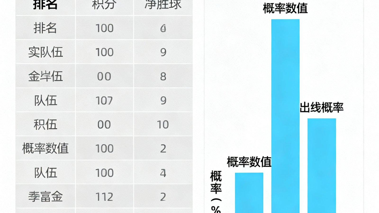 小组积分榜页面，包含实时排名与出线概率柱状图