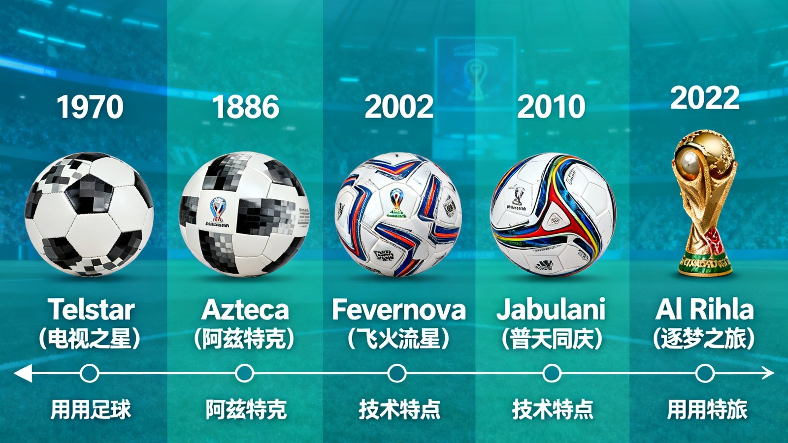 世界杯用球技术演进，不同年代用球展示