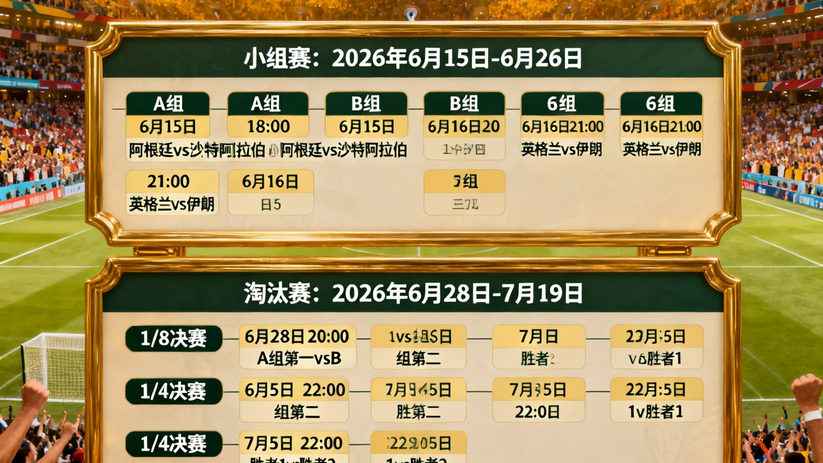 2026世界杯赛程表全图，包含小组赛和淘汰赛完整赛历，背景为球场与球迷